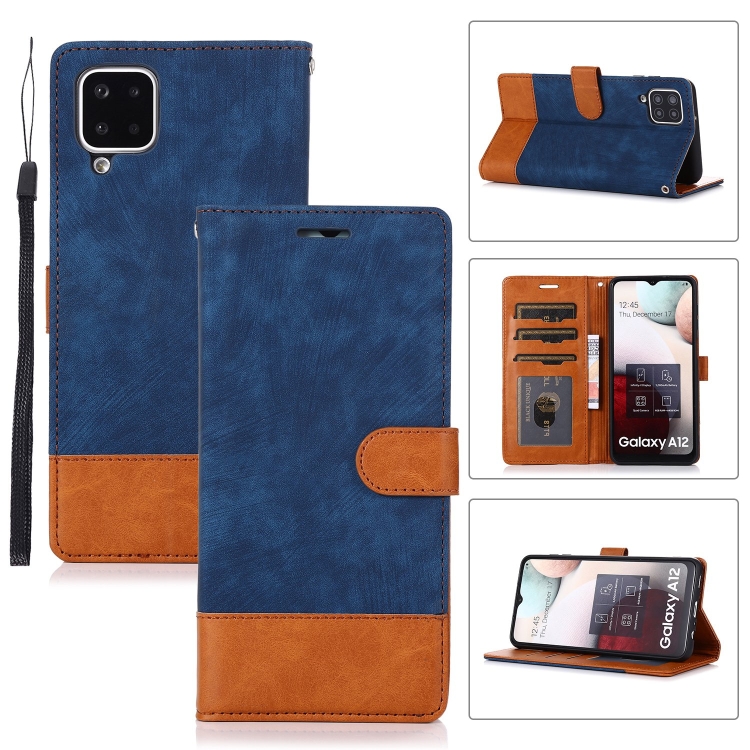 

For Samsung Galaxy A12 Splicing Leather Phone Case(Dark Blue)