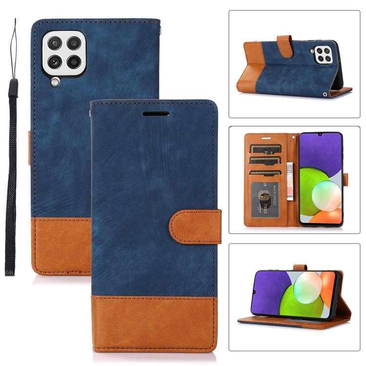 

For Samsung Galaxy A22 4G Splicing Leather Phone Case(Dark Blue)