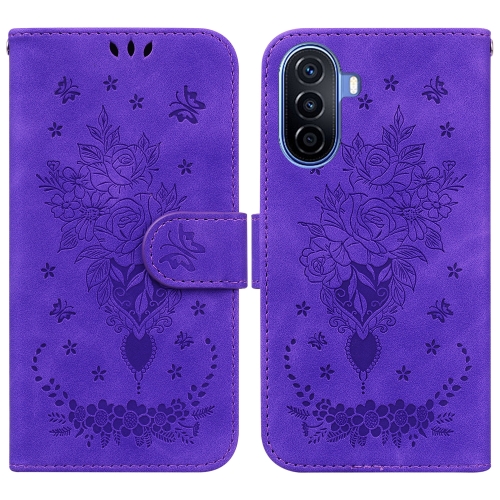 

For Huawei nova Y70 Plus Butterfly Rose Embossed Leather Phone Case(Purple)