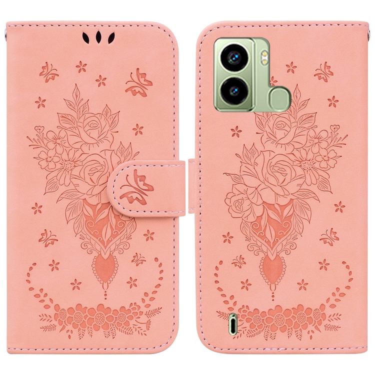 

For Tecno Pop 6 Fingerprint Butterfly Rose Embossed Leather Phone Case(Pink)