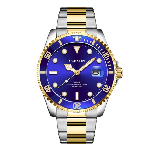 

OCHSTIN 7019A Multifunctional Quartz Waterproof Luminous Steel Strap Men Watch(Blue+Gold)