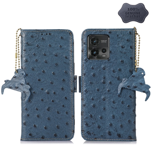 

For Motorola Moto G72 4G Ostrich Pattern Genuine Leather RFID Phone Case(Blue)