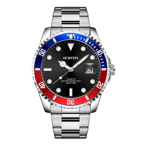 

OCHSTIN 7019E Multifunctional Quartz Waterproof Luminous Steel Strap Men Watch(Blue Red+Silver)