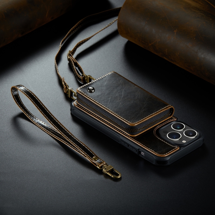

For iPhone 14 Plus JEEHOOD C22 Series Zipper Wallet Phone Case with Long and Short Lanyard(Coffee)