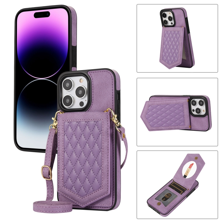

For iPhone 14 Pro Max Rhombic Texture RFID Phone Case with Lanyard & Mirror(Purple)