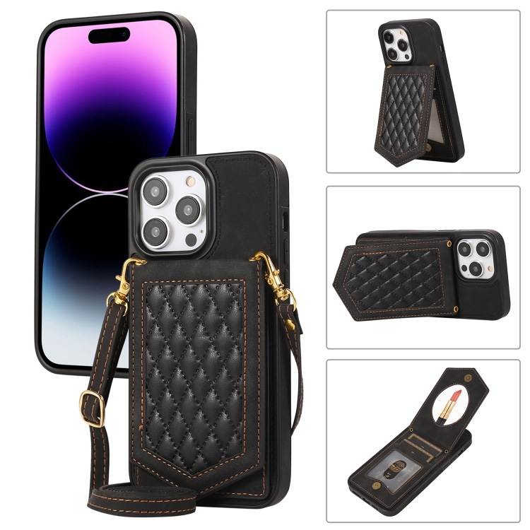 

For iPhone 14 Pro Max Rhombic Texture RFID Phone Case with Lanyard & Mirror(Black)