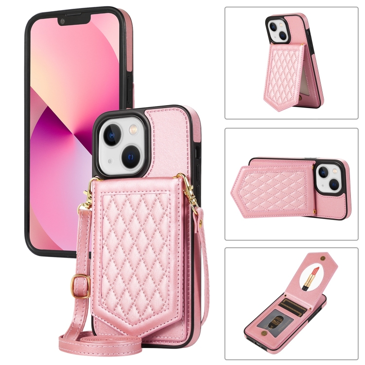 

For iPhone 14 Rhombic Texture RFID Phone Case with Lanyard & Mirror(Rose Gold)
