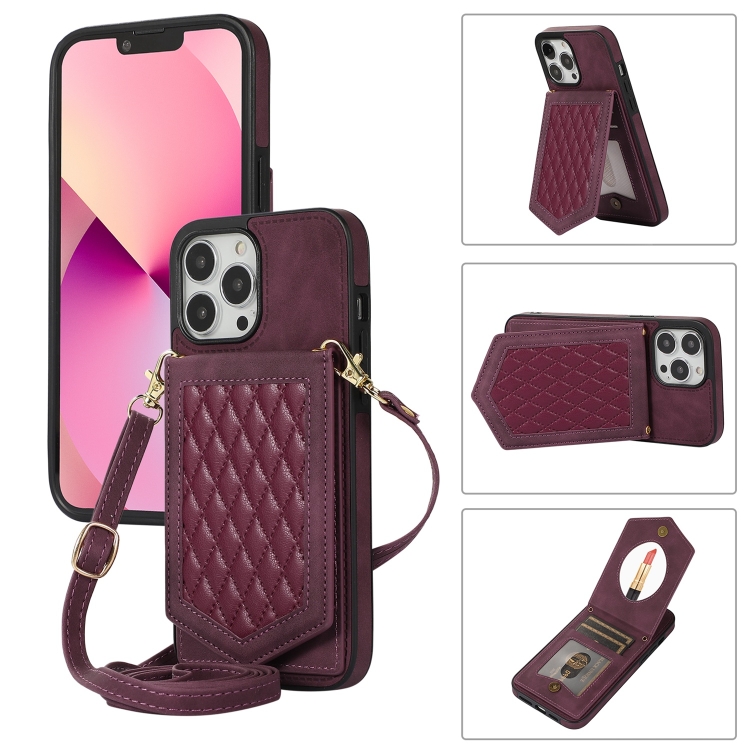 

For iPhone 13 Pro Max Rhombic Texture RFID Phone Case with Lanyard & Mirror(Wine Red)
