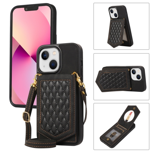 

For iPhone 13 Rhombic Texture RFID Phone Case with Lanyard & Mirror(Black)