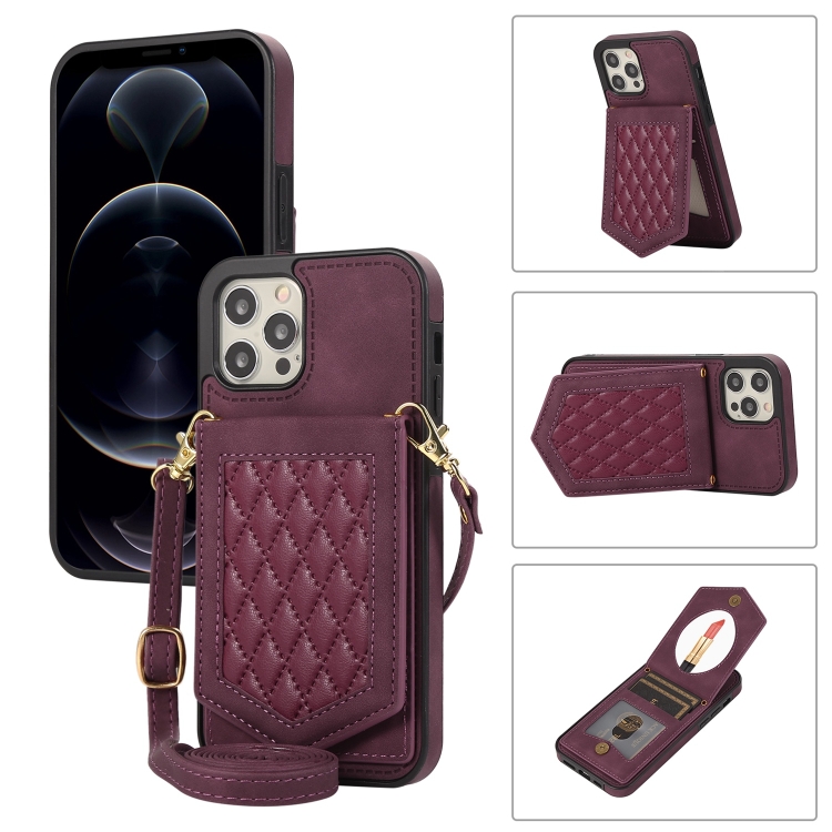 

For iPhone 12 Pro Max Rhombic Texture RFID Phone Case with Lanyard & Mirror(Wine Red)