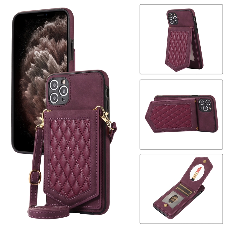 

For iPhone 11 Pro Max Rhombic Texture RFID Phone Case with Lanyard & Mirror(Wine Red)
