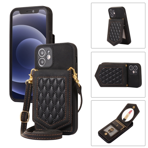 

For iPhone 11 Rhombic Texture RFID Phone Case with Lanyard & Mirror(Black)