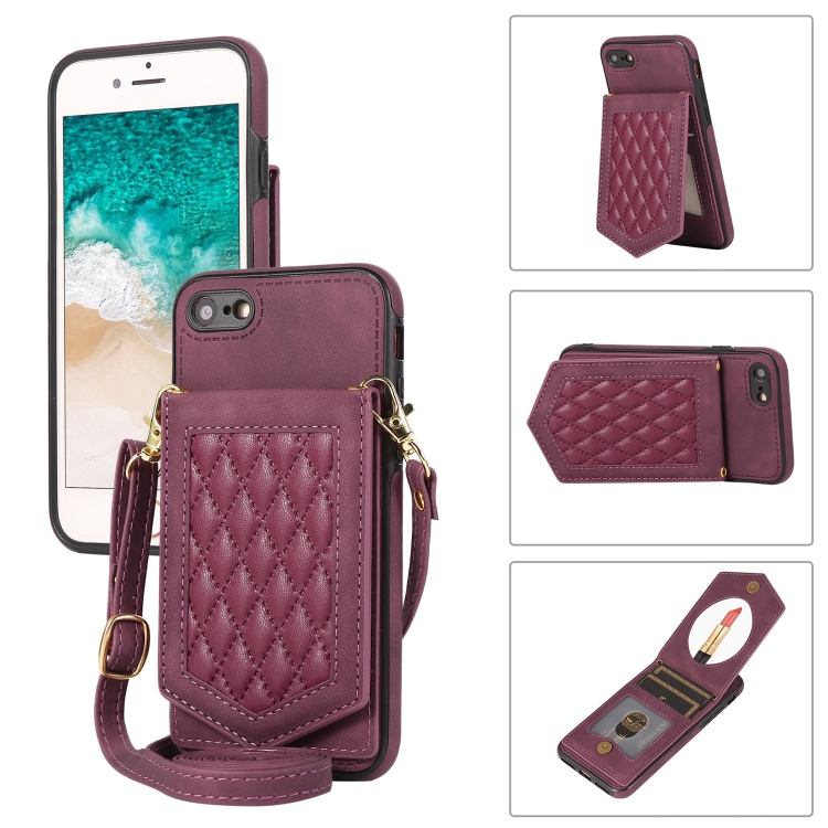 

For iPhone SE 2022 / SE 2020 / 8 / 7 Rhombic Texture RFID Phone Case with Lanyard & Mirror(Wine Red)