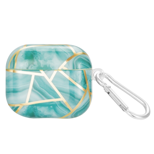 

For AirPods 3 Electroplate Marble Pattern Wireless Earphone Protective Case with Hook(Green)