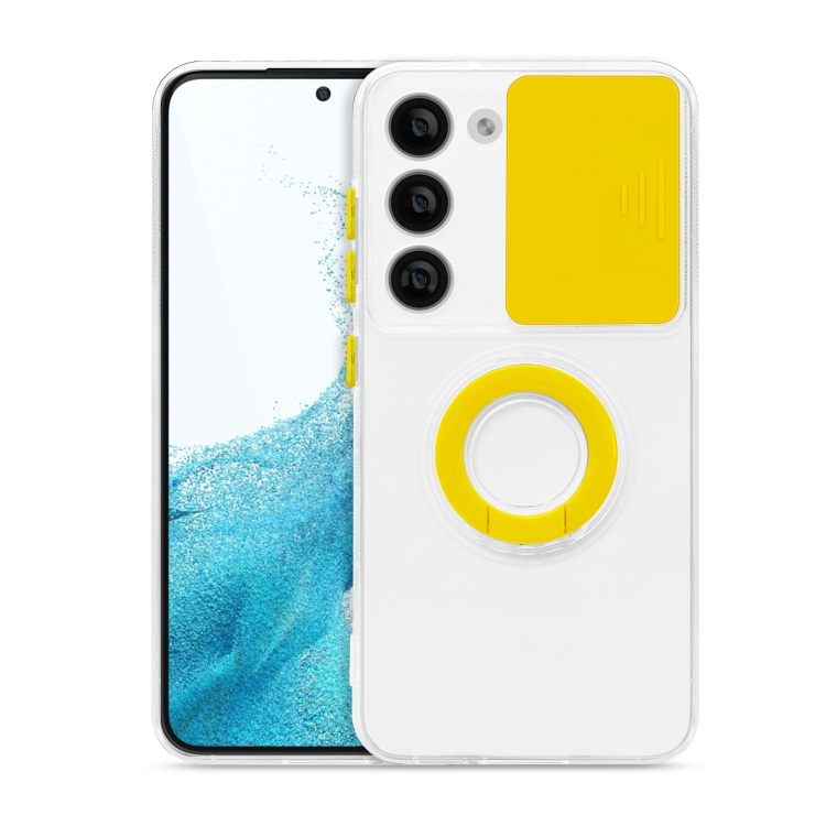 

For Samsung Galaxy S23 5G Sliding Camera Cover Design Phone Case with Ring Holder(Yellow)