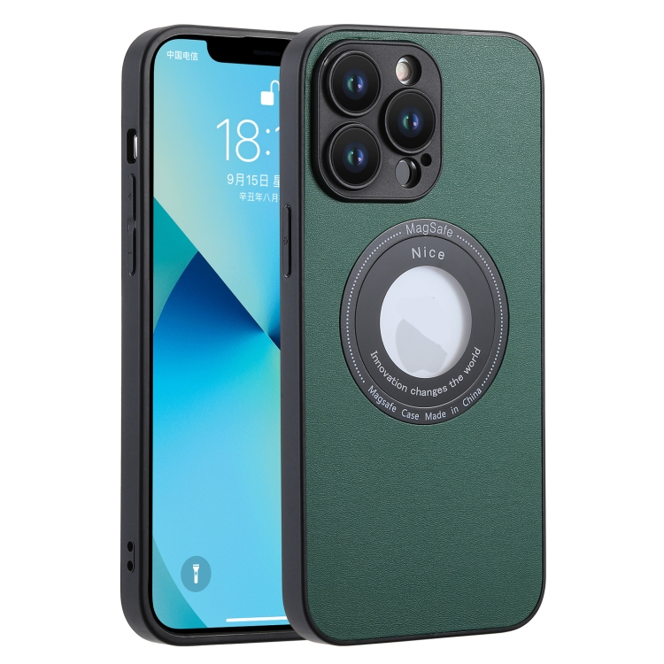 

For iPhone 14 Pro Max Magsafe Skin Texture Phone Case with Logo Cutout(Green)