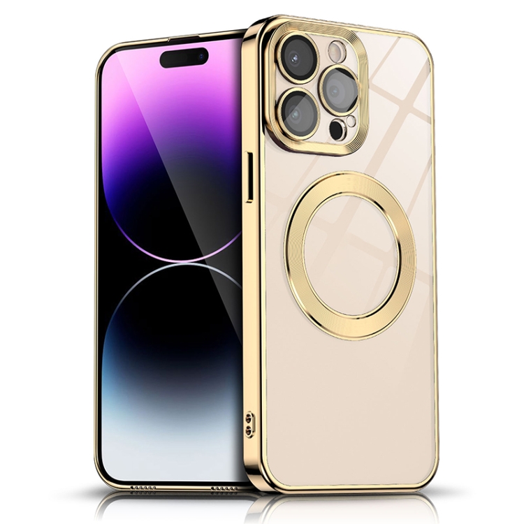 

For iPhone 14 Plus Electroplated CD Texture Magsafe Phone Case(Gold)