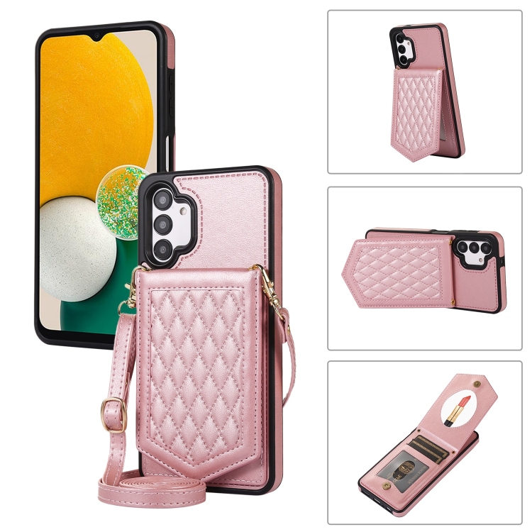 

For Samsung Galaxy A13 5G / 4G Rhombic Texture RFID Phone Case with Lanyard & Mirror(Rose Gold)