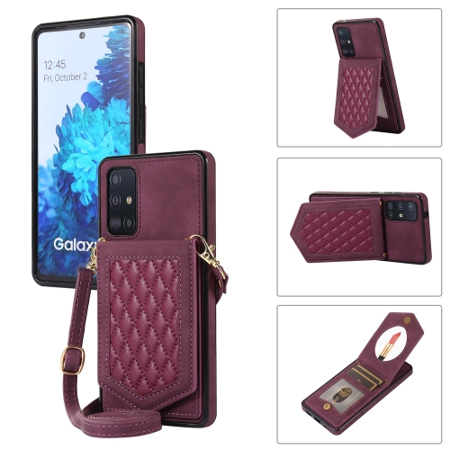 

For Samsung Galaxy A51 4G Rhombic Texture RFID Phone Case with Lanyard & Mirror(Wine Red)