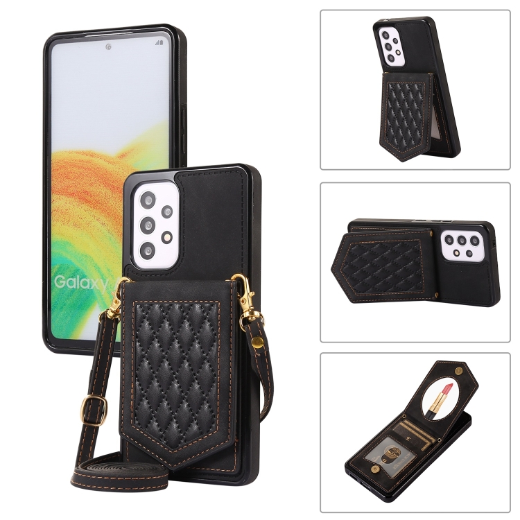 

For Samsung Galaxy A53 5G Rhombic Texture RFID Phone Case with Lanyard & Mirror(Black)