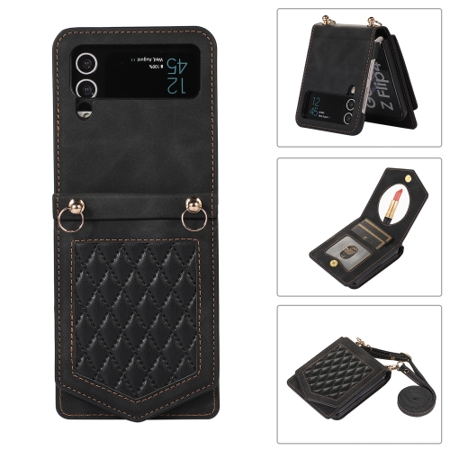 

For Samsung Galaxy Z Flip3 5G Rhombic Texture RFID Phone Case with Lanyard & Mirror(Black)