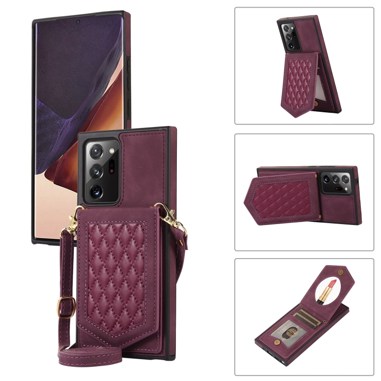 

For Samsung Galaxy Note20 Ultra Rhombic Texture RFID Phone Case with Lanyard & Mirror(Wine Red)