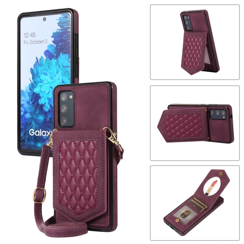 

For Samsung Galaxy S20 Rhombic Texture RFID Phone Case with Lanyard & Mirror(Wine Red)