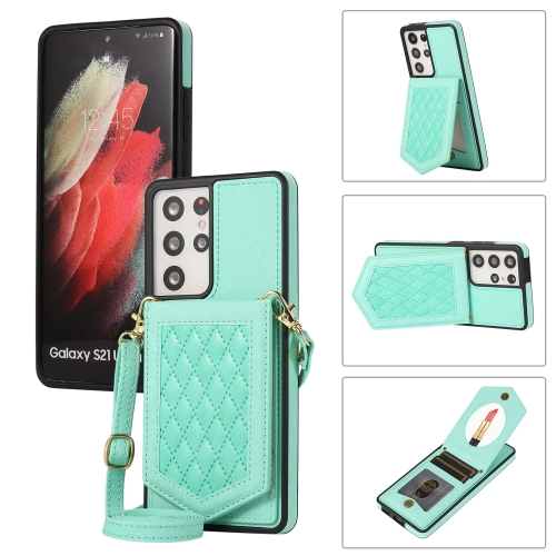 

For Samsung Galaxy S21 Ultra 5G Rhombic Texture RFID Phone Case with Lanyard & Mirror(Mint Green)