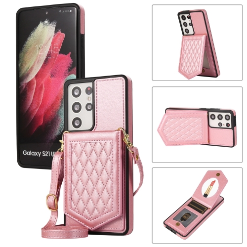 

For Samsung Galaxy S21 Ultra 5G Rhombic Texture RFID Phone Case with Lanyard & Mirror(Rose Gold)