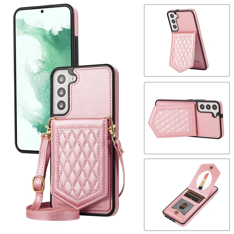 

For Samsung Galaxy S21+ 5G Rhombic Texture RFID Phone Case with Lanyard & Mirror(Rose Gold)