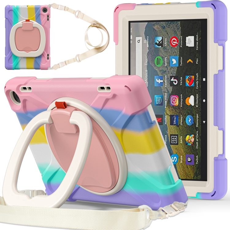 

For Amazon Fire HD 8 2022 Silicone + PC Protective Tablet Case with Holder & Shoulder Strap(Colorful Pink)