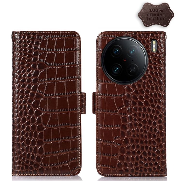 

For vivo X90 Pro Crocodile Top Layer Cowhide Leather Phone Case(Brown)