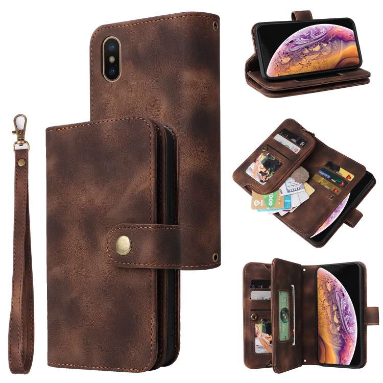 

For iPhone XS / X Multifunctional Card Slot Zipper Wallet Leather Phone Case(Brown)