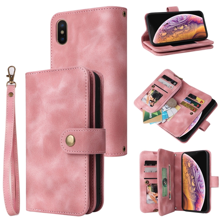 

For iPhone XS Max Multifunctional Card Slot Zipper Wallet Leather Phone Case(Rose Gold)