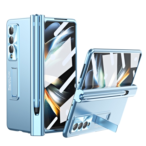 

For Samsung Galaxy Z Fold3 5G Electroplating Corrugated Hinge Folding Phone Case with Pen Slot(Blue)