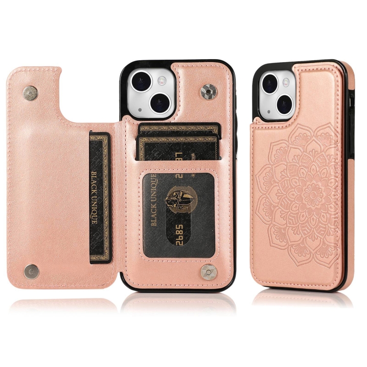 

For iPhone 14 Double Buckle Mandala Leather Wallet Back Cover Phone Case(Rose Gold)