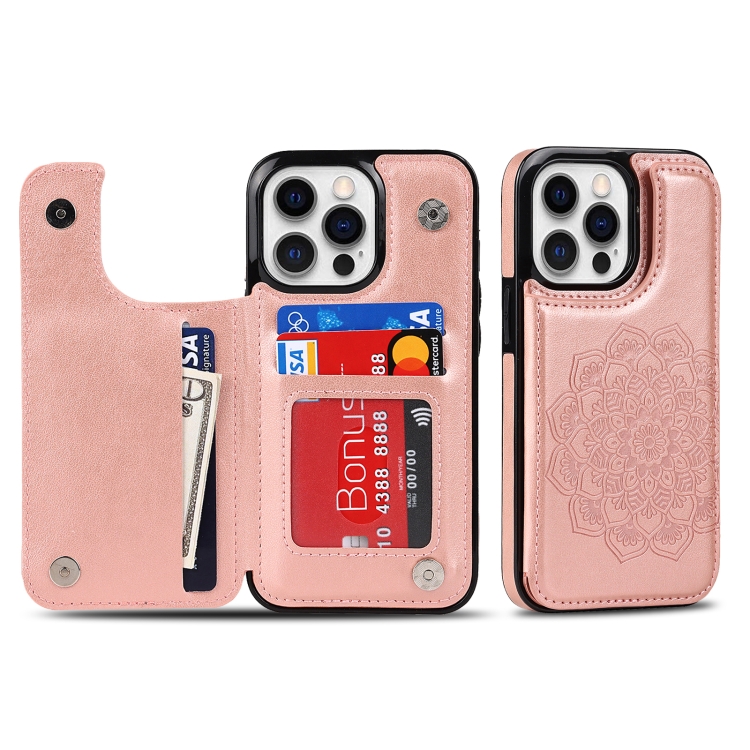 

For iPhone 14 Pro Double Buckle Mandala Leather Wallet Back Cover Phone Case(Rose Gold)