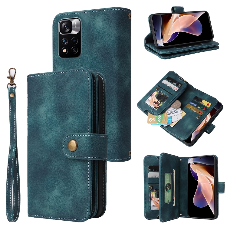 

For Xiaomi Redmi Note 11 Global Multifunctional Card Slot Zipper Wallet Leather Phone Case(Blue)