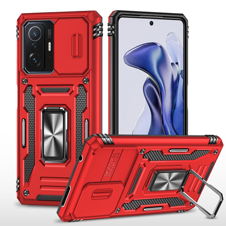 

For Xiaomi 11T Armor PC + TPU Camera Shield Phone Case(Red)