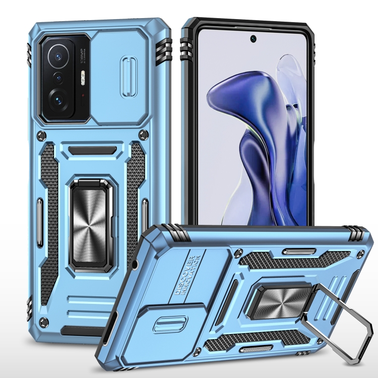

For Xiaomi 11T Armor PC + TPU Camera Shield Phone Case(Light Blue)
