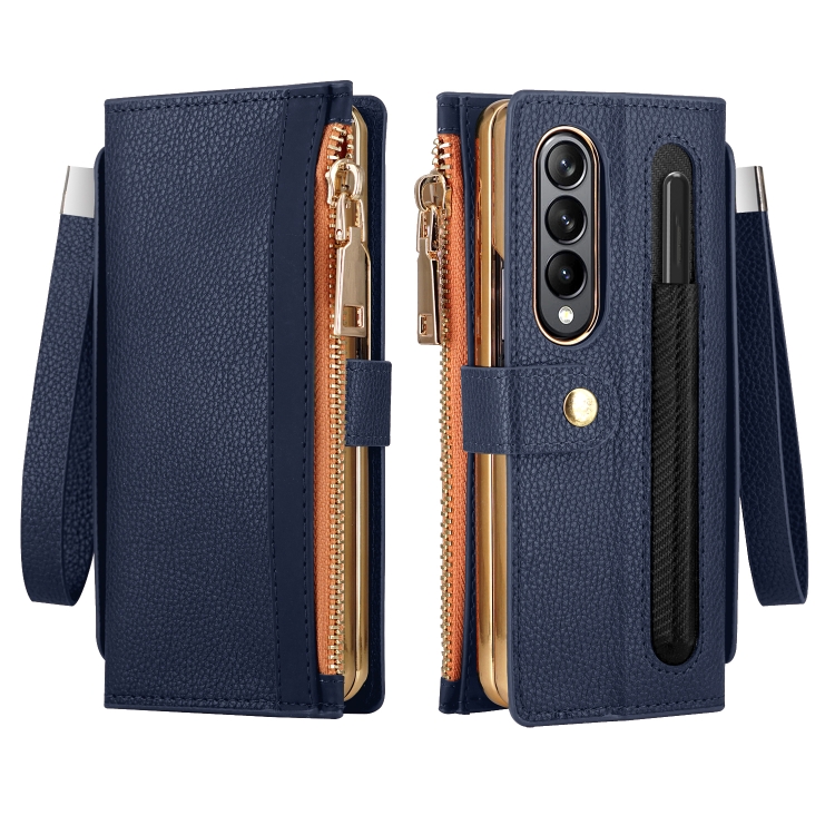 

For Samsung Galaxy Z Fold4 Celebrity Series RFID Anti-theft Brush Phone Leather Case with Pen Slot(Blue)