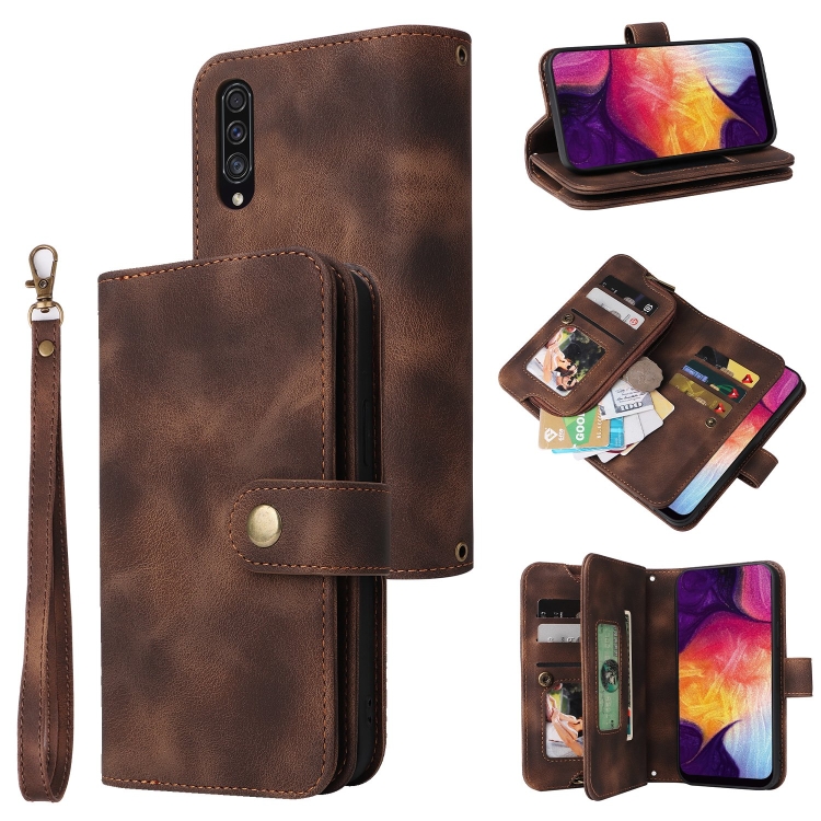 

For Samsung Galaxy A50 Multifunctional Card Slot Zipper Wallet Leather Phone Case(Brown)