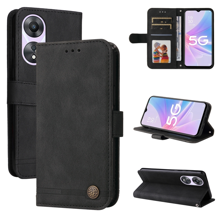 

For OPPO A58 5G Skin Feel Life Tree Metal Button Leather Phone Case(Black)