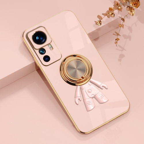 

For Xiaomi 12T Pro 6D Plating Astronaut Ring Kickstand Phone Case(Light Pink)