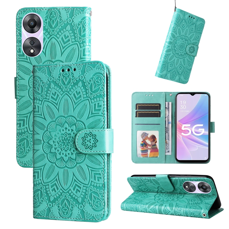 

For OPPO A58 5G Embossed Sunflower Leather Phone Case(Green)