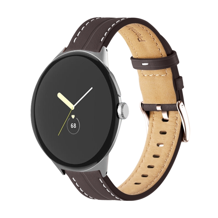 

For Google Pixel Watch Grooved Genuine Leather Watch Band(Coffee)