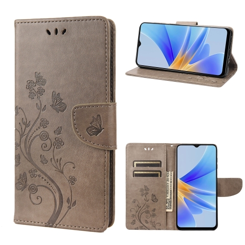 

For OPPO A17 Butterfly Flower Pattern Leather Phone Case(Grey)