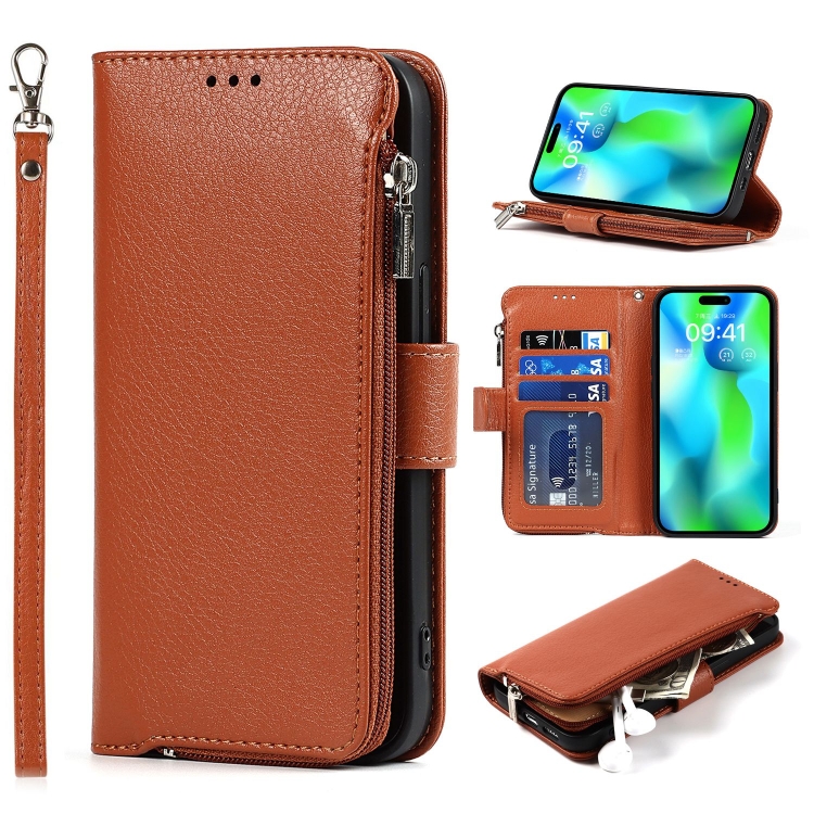

For iPhone 14 Pro Max Microfiber Zipper Leather Phone Case(Brown)