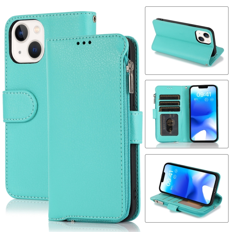 

For iPhone 14 Microfiber Zipper Leather Phone Case(Mint Green)