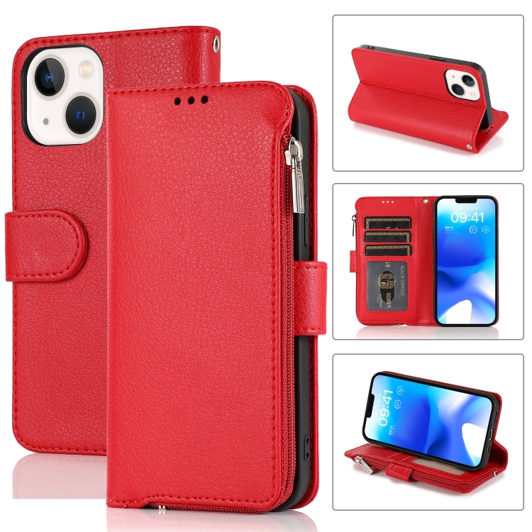 

For iPhone 14 Plus Microfiber Zipper Leather Phone Case(Red)
